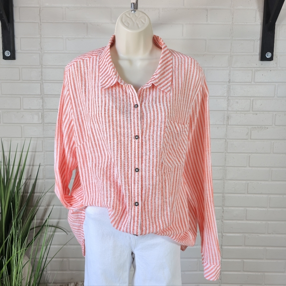 Natural Reflections Striped Orange and White Button Up Shirt XXL